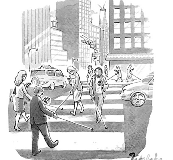 social media addiction - crossing the street blinded by their smartphones